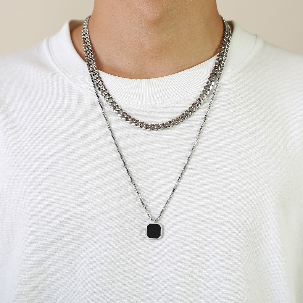 Kalung Tai Steel Pria Bergaya Stainless Steel Drop Lem Persegi Liontin Pria Sweater Rantai - Kalung Panjang Untuk Layering