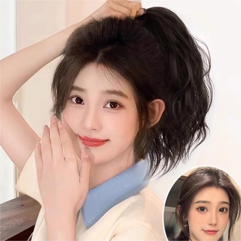 Korea Tinggi Ponytail Wig Perempuan Kepala Ambil Klip Awan Ponytail Rambut Keriting Meningkatkan Rambut Asli Hiu Klip