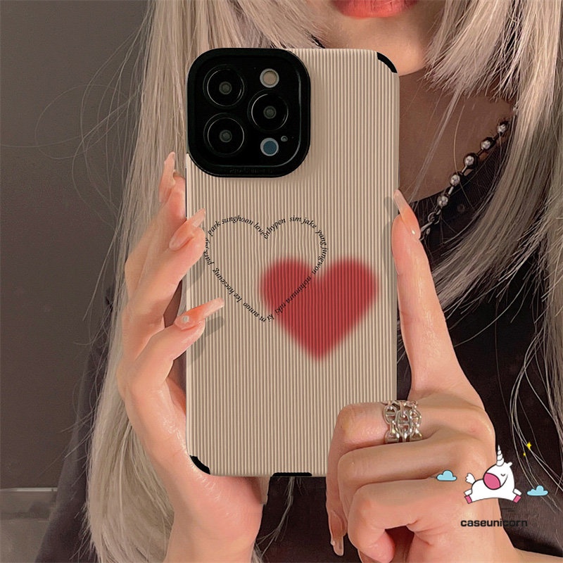 IPHONE Ins Simple Love Heart Phone Case Kompatibel Untuk Iphone11 7 8 Plus 14 12 13 11 Pro MAX XR X XS MAX Fashion Pink Gradasi Mewah Tekstur Kulit Silicon Lembut Shockproof Back Cover