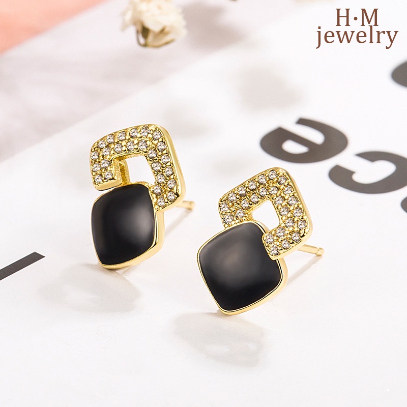 Fashion Retro Berlian Hitam Anting Persegi Anting Bermutu Tinggi