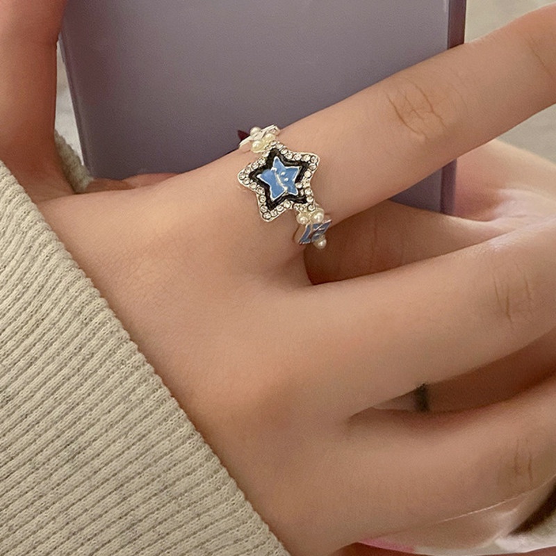 Cincin Bintang Beruntung Biru Muda Smiley Face Pasangan Cincin Aksesoris Fashion Kepribadian Dapat Disesuaikan