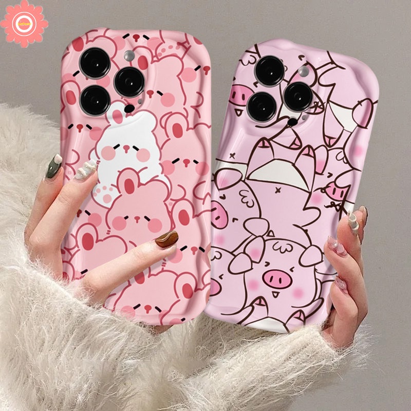 Case Untuk Realme C53 C12 C25s C11 2020 C30 C33 C31 5 5i 5S 6 C55 C35 C25 C3 C15 7i C17 C20 C11 2021 C21Y C25Y C21 3D Wavy Curved Edge Glossy Lovely Kartun Babi Kelinci Lucu Cover