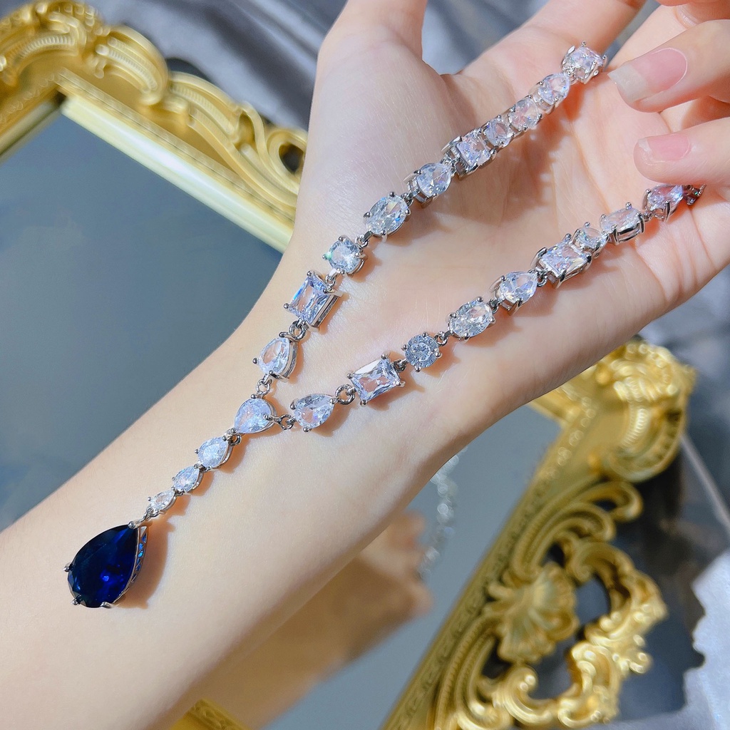 Goldkingdom Aksesoris Perhiasan Fashion Ready Stock Azure Bintang Royal Sapphire Berbentuk Pir Kalung Dengan Berlian Briliant Rakitan Set Rantai