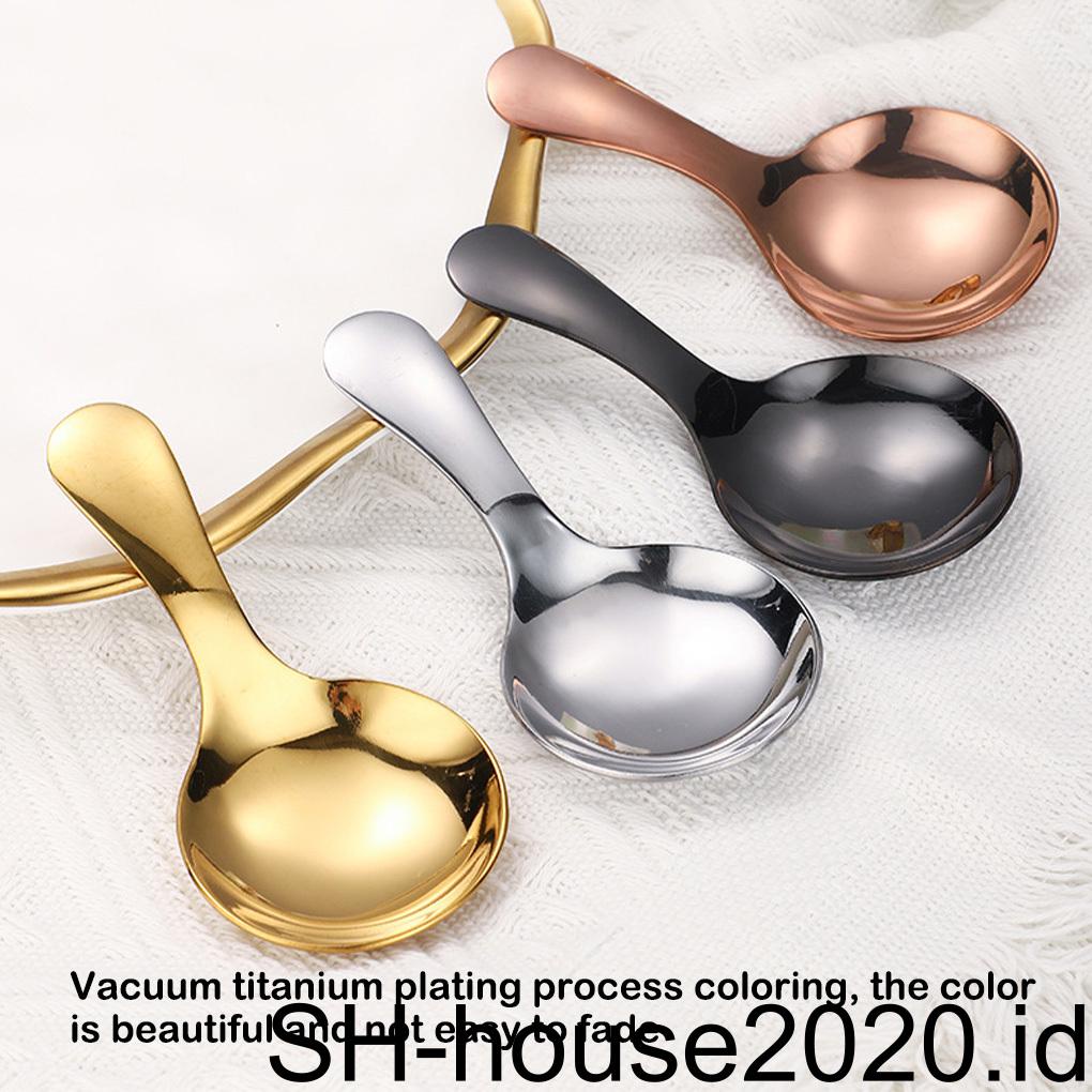 Sendok Stainless Steel Kepala Bulat Glossy Gagang Pendek Gula Garam Puding Dessert Es Krim Sendok Teh Sendok Garpu Peralatan Makan