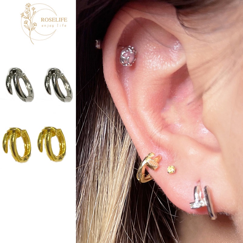 Roselife Punk S925 Perak Geometris Kuku Hoop Anting-Anting Untuk Wanita Gadis Minimalis Lingkaran Bulat Anting-Anting Sederhana Fashion Telinga Perhiasan Aksesoris