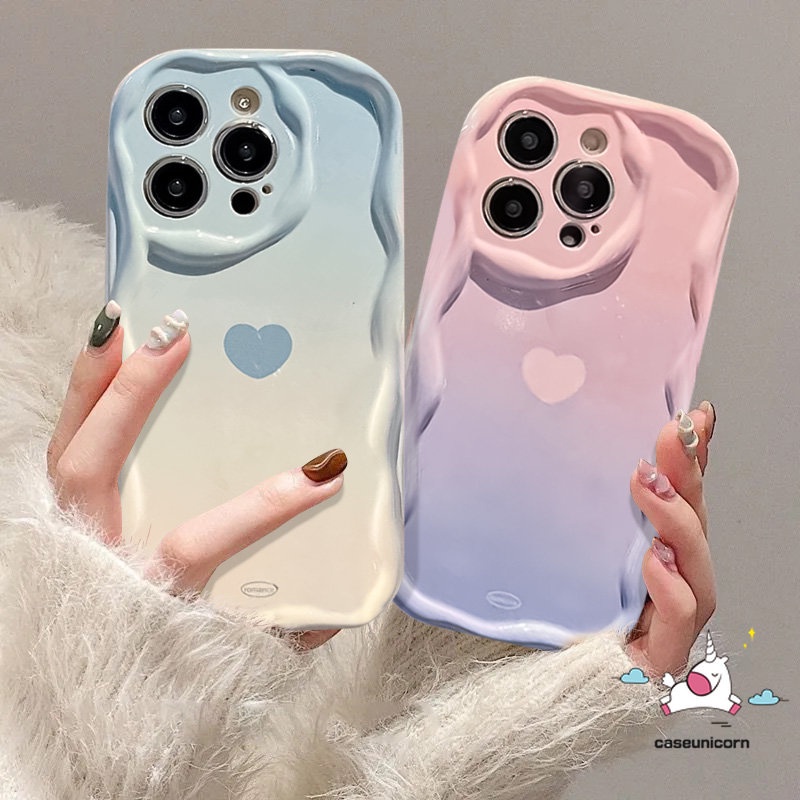 IPHONE Casing Case Tepi Melengkung 3D Bergelombang Macaron Candy Color Gradient Kompatibel Untuk Iphone11 Pro Max 7Plus XR X XS Max 14 13 12 Pro Max 6 6s 7 8 Plus SE 2020 Simple Love Heart Soft Tpu Cover