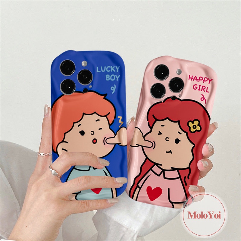 IPHONE Kartun Lucu Pasangan Gadis Bahagia Beruntung Boy Case Kompatibel Untuk Iphone6 7 6s 8plus11 14 12 13 Pro Max XR XS X Max SE 2020 Baru 3D Bergelombang Melengkung Tepi Telepon Lembut Tpu Pecinta Cover