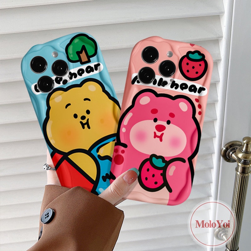 Soft Tpu Cute Winnie The Pooh Case Kompatibel Untuk IPhone XR X XS Max7 6 8 6s Plus 11 13 12 14 Pro Max 7Plus SE 2020 Kartun Strawberry Bear Manyo 3D Wavy Curved Edge Glossy Cover