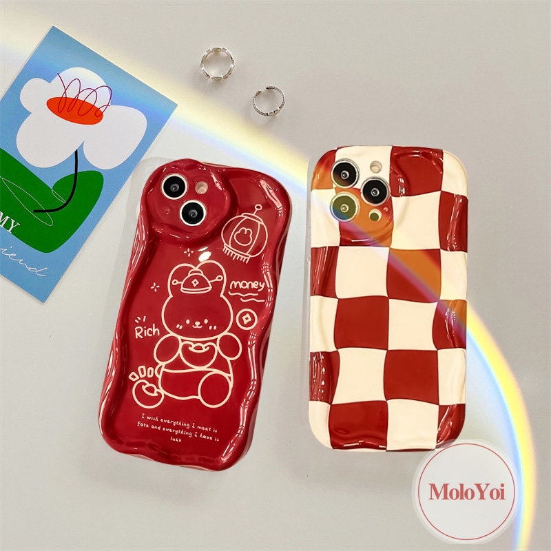 Soft Case 3D Wavy Curved Edge Kompatibel Untuk IPhone XR XS X Max11 14 13 12 Pro Max8 6s 6 7 Plus SE 2020 Checkerboard Kartun Merah Perayaan Tahun Baru Kelinci Lucu Cover