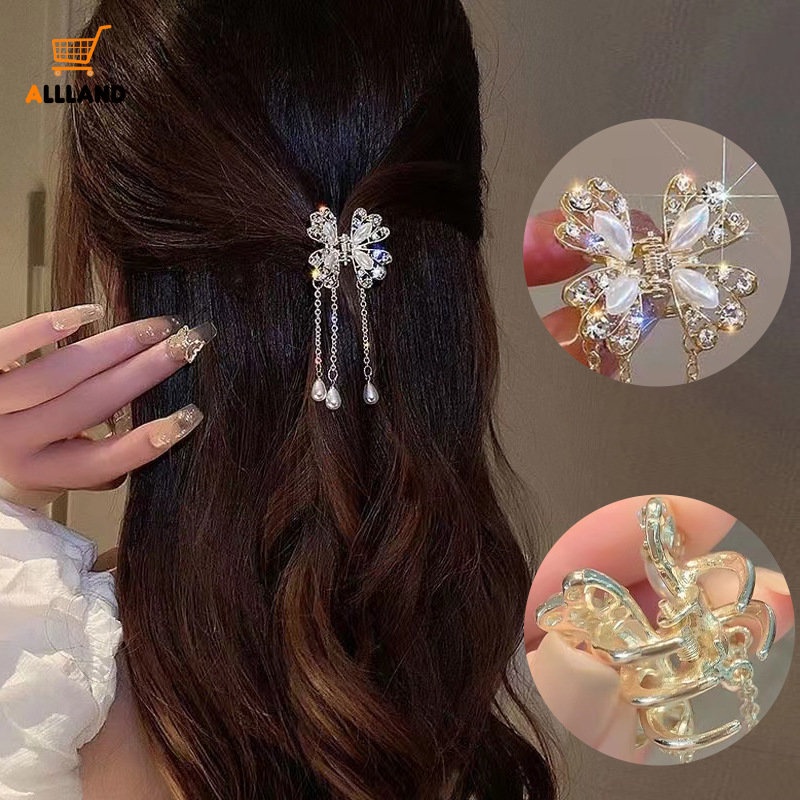 Elegan Kupu-Kupu Imitasi Mutiara Alloy Hair Claw/Mewah Rumbai Berlian Imitasi Jepit Rambut/Temperamen Vintage Klip Aksesoris Rambut