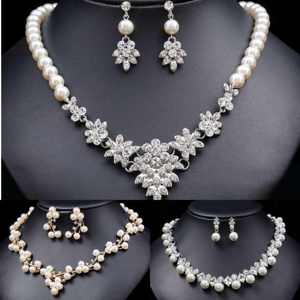 Needway  Set Perhiasan Pernikahan Pengantin Indah Mutiara Halus Berlian Imitasi Alloy Vintage Menjuntai Anting