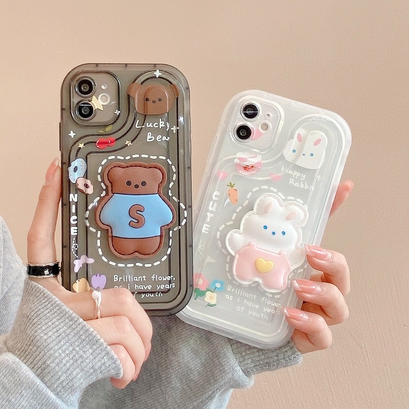 IPHONE Air sac Penebalan Pelindung case Untuk Iphone14 13 12 11 Pro MAX X XR XS Max7 8 Plus Stereoskopik Kartun Beruang Kelinci Lucu Anti-drop