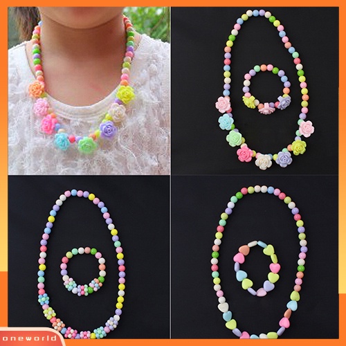 [ONE] Bayi Perempuan Manik-Manik Warna-Warni Kalung Gelang Set Handmade Bunga Perhiasan Hadiah