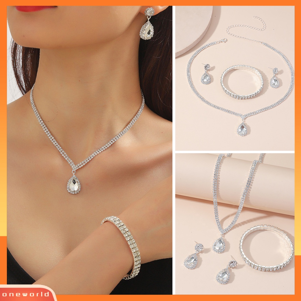 [ONE] 1set Wanita Kalung Tetesan Air Liontin Elegan Temperamen Mewah Berkilau Berlian Imitasi Menjuntai Anting Bangle Kit Perhiasan Pengantin