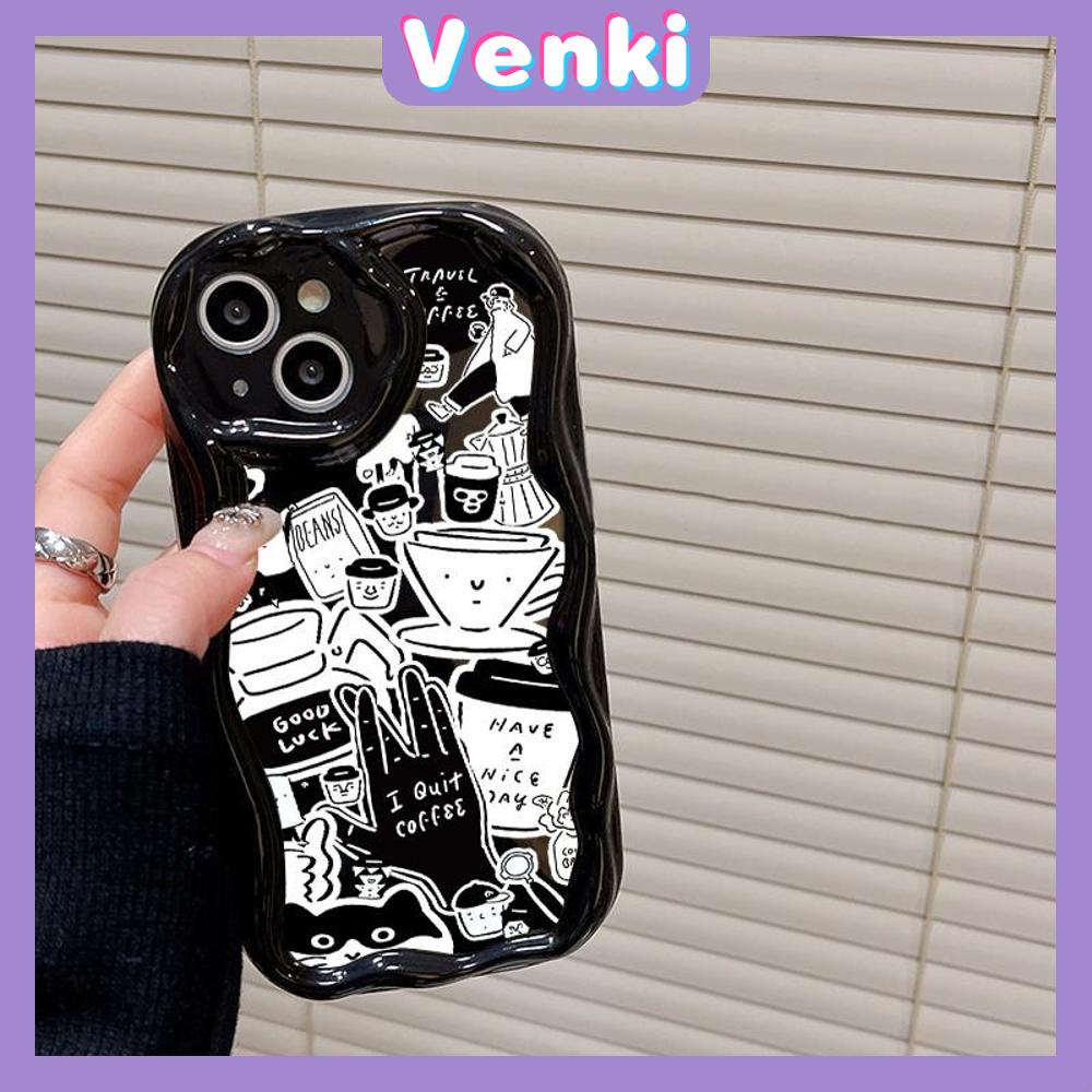 VENKI - Untuk iPhone 11 Case Tepi Melengkung Gelombang Case Glossy Hitam TPU Airbag Tahan Guncangan Kamera Case Gaya Seni Kreatif Kompatibel dengan iPhone 14 13 Pro max 12 Pro Max xr xs 7Plus 8Plus