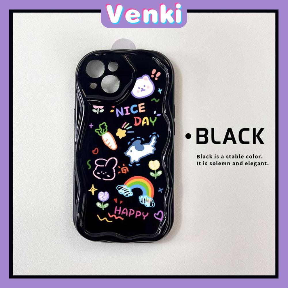 VENKI - Untuk iPhone 11 Case Tepi Melengkung Gelombang Case Glossy Hitam TPU Airbag Shockproof Kamera Case Kreatif Lucu Ikon Kecil Kompatibel dengan iPhone 14 13 Pro max 12 Pro Max xr xs 7 8