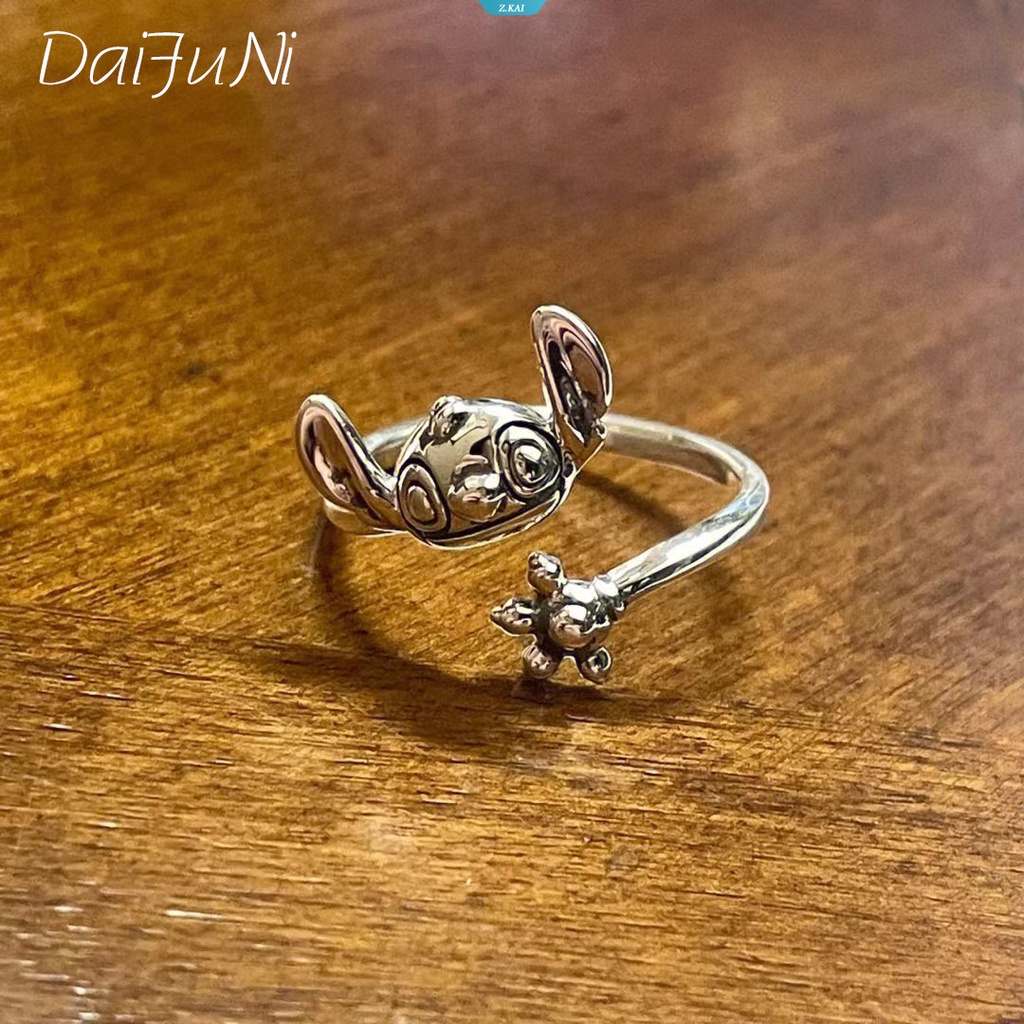 Cincin Kartun Lucu Sterling Stitch Pasangan Pria Dan Wanita Pembukaan Dapat Disesuaikan Hadiah Perhiasan Festival Asli [ZK]