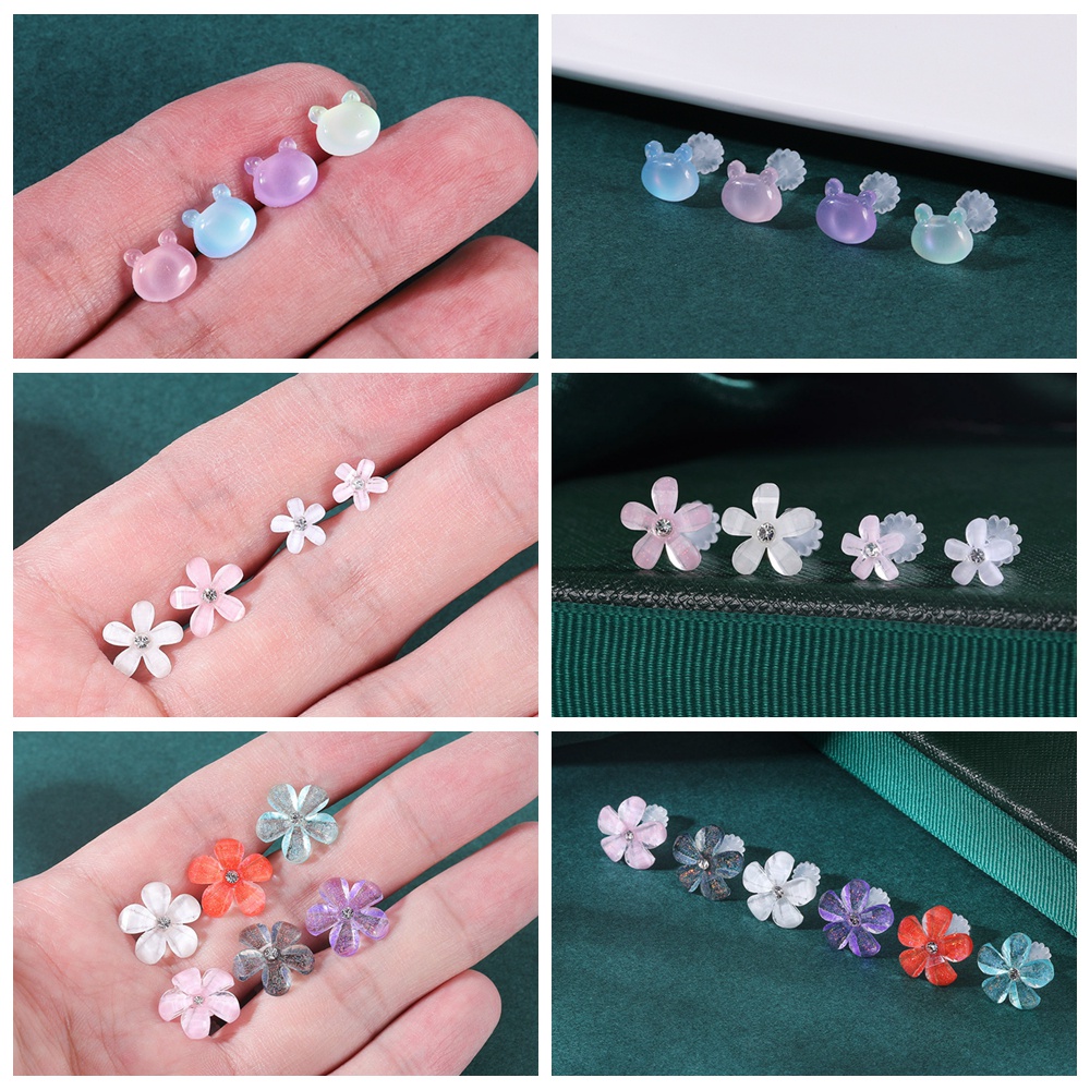 6-10 Pcs Invisible Resin Bow Tie Stud Earrings Set Bunga Mencegah Alergi Tulang Rawan Anting Bulan Bintang Beruang Kecil Telinga Studs