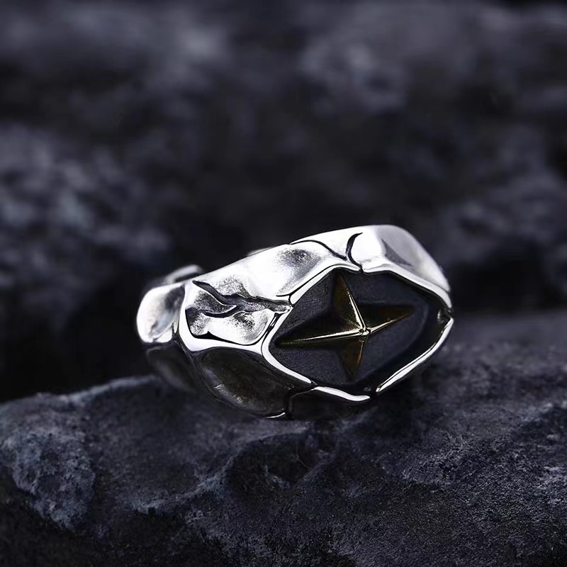 Cincin Pria Model Antik Dengan Model Salib Retak Dan Desain Starburst - Pernyataan Fashion Trendy