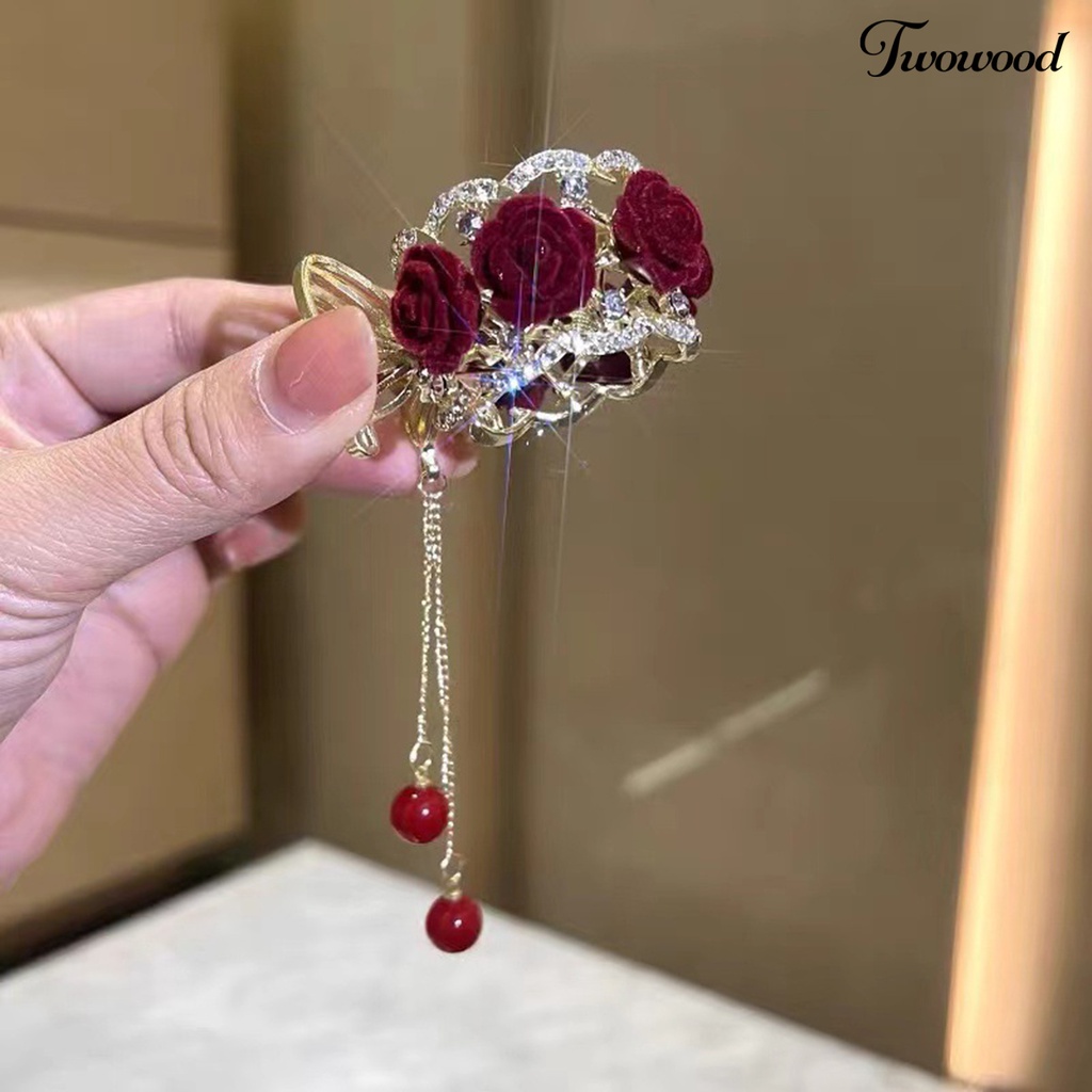 Twowood Ponytail Holder Claw Non-slip Cakar Kuat Bunga Dekorasi Shiny Rhinestone Rumbai Hiasan Rambut Manik-Manik Mawar Cakar Kuat Pegangan Rambut Aksesoris Rambut