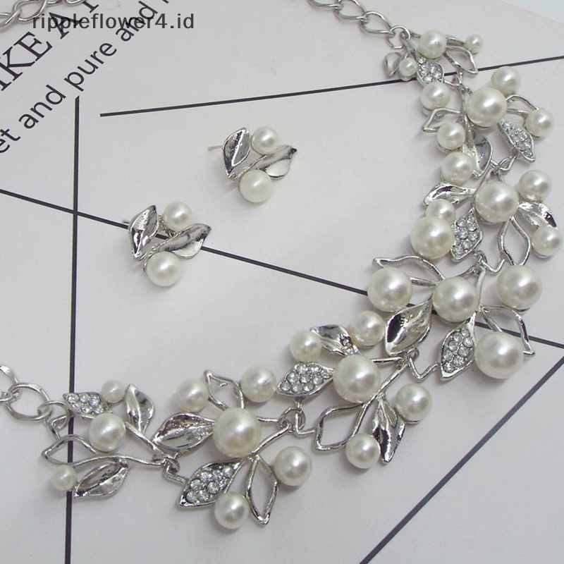 {rippleflower4.id} Set Perhiasan Elegan Berlian Imitasi Mutiara Kalung Anting Wanita Pengantin Pernikahan Perhiasan Hadiah~