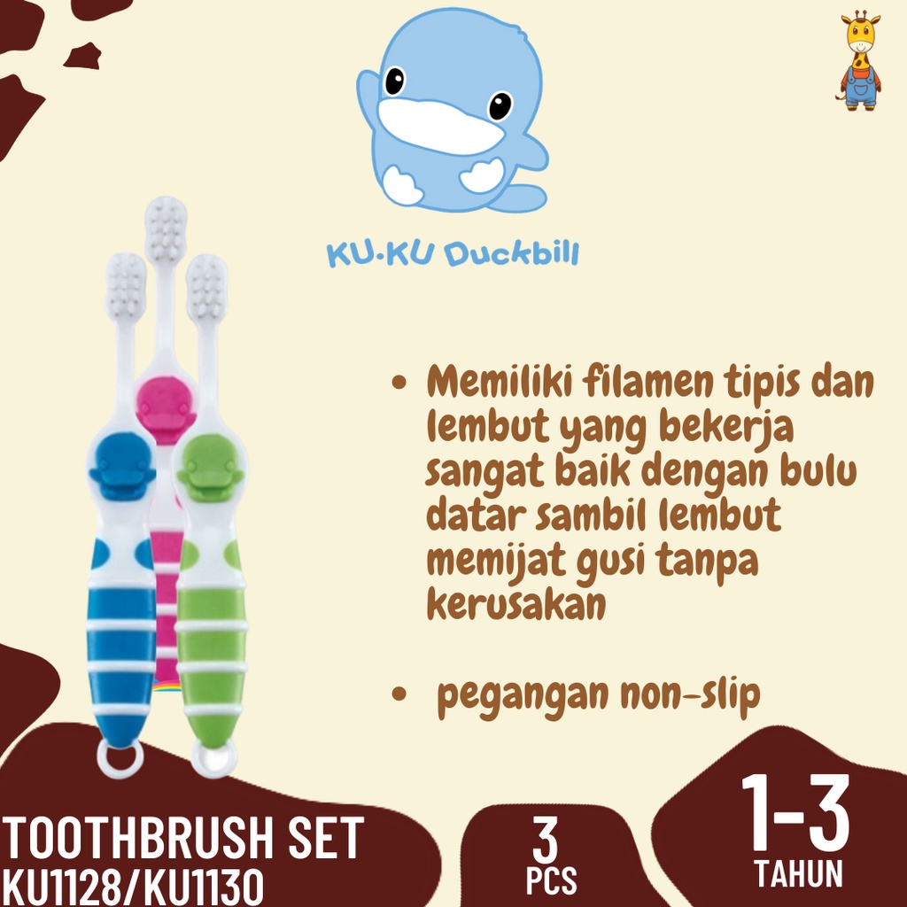 Kuku Duckbill Toothbrush Set KU1128/KU1130 (3pcs) - Sikat Gigi Bayi