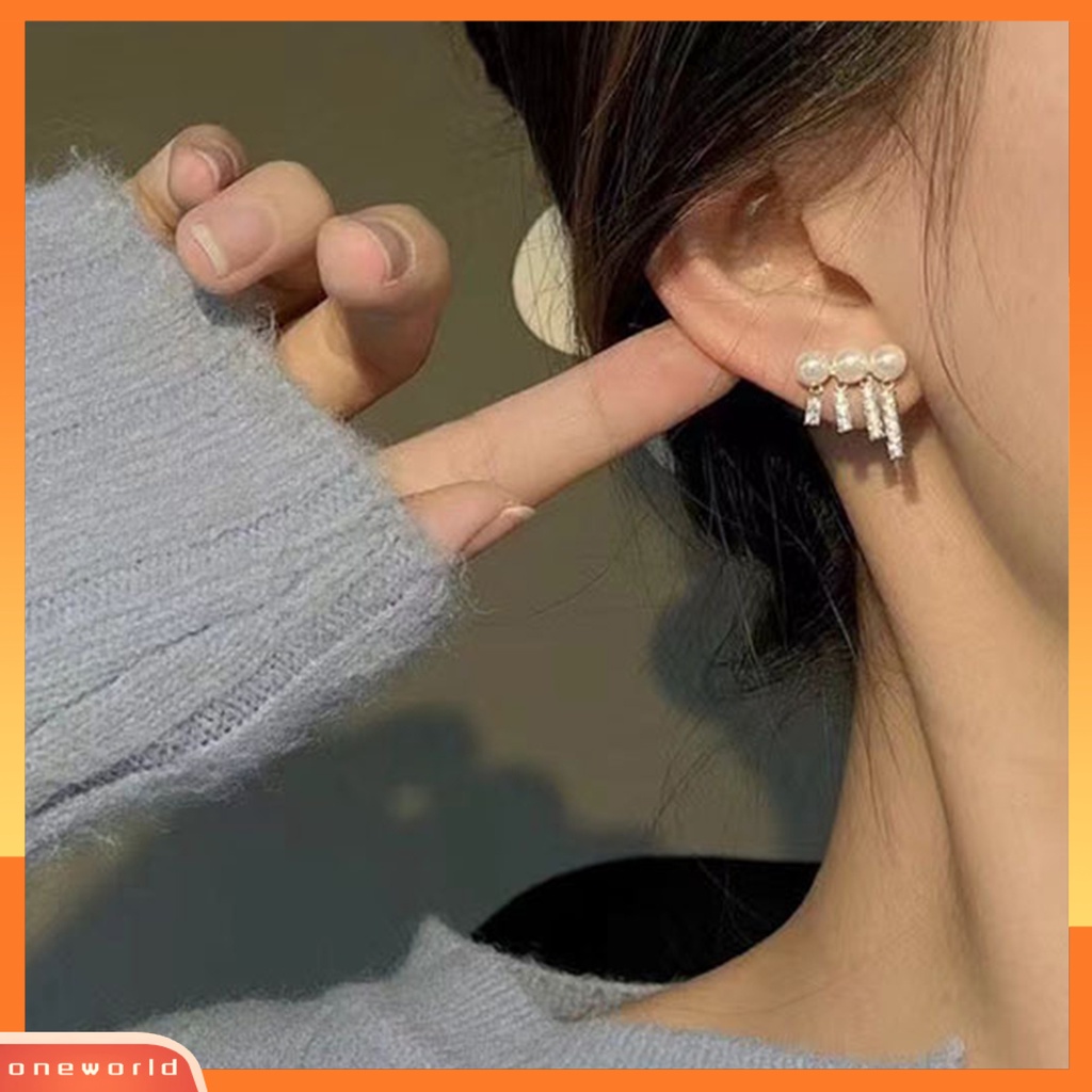 [WOD] 1pasang Ear Studs Elegan Mengkilap Berlian Imitasi Bertatahkan Berkilau Geometris Hias Hadiah Wanita Mutiara Imitasi Rumbai Menjuntai Stud Earrings Perhiasan Untuk Perjamuan