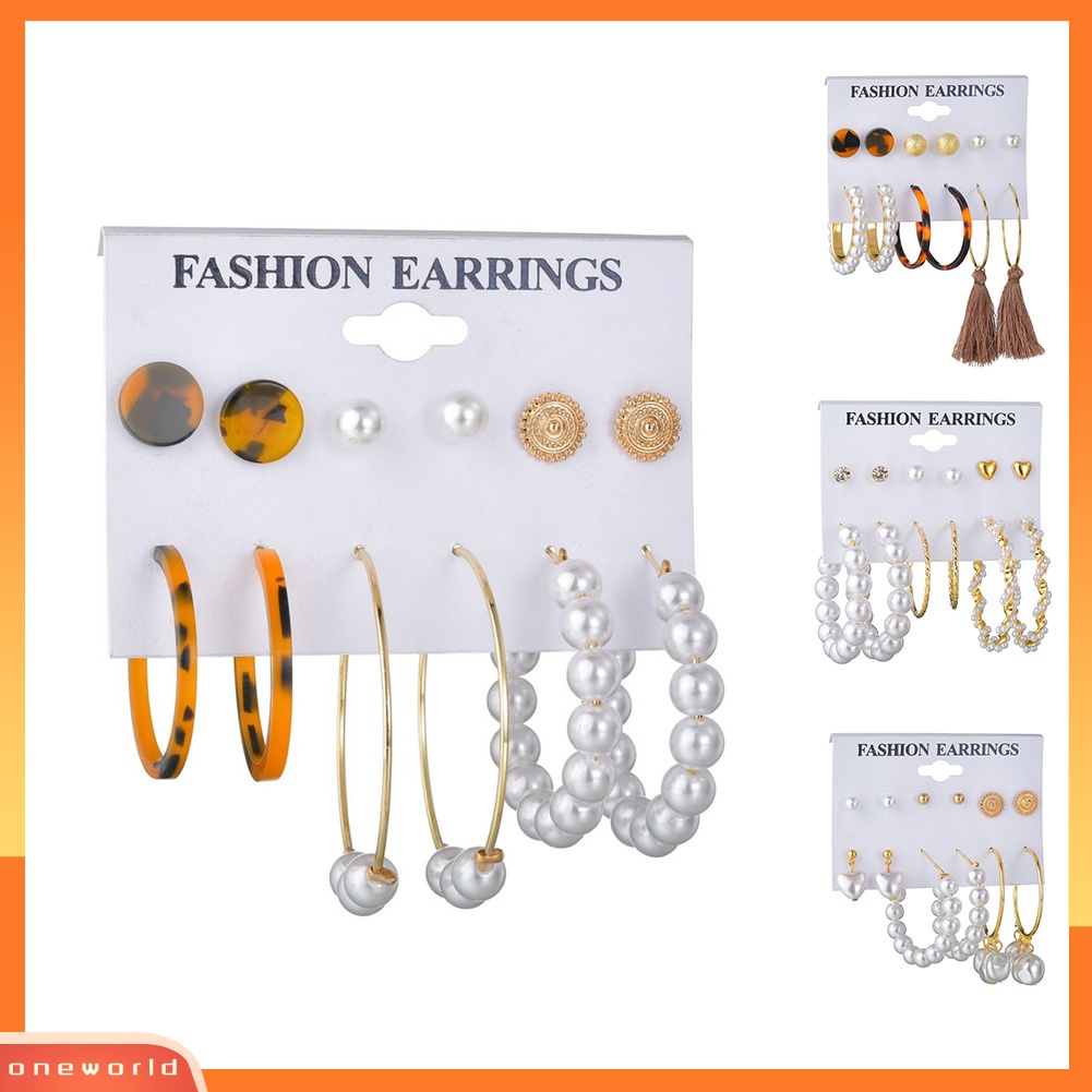 [WOD] 6pasang Wanita Mutiara Imitasi Rumbai Geometris Menjuntai Ear Studs Hoop Earrings Jewelry