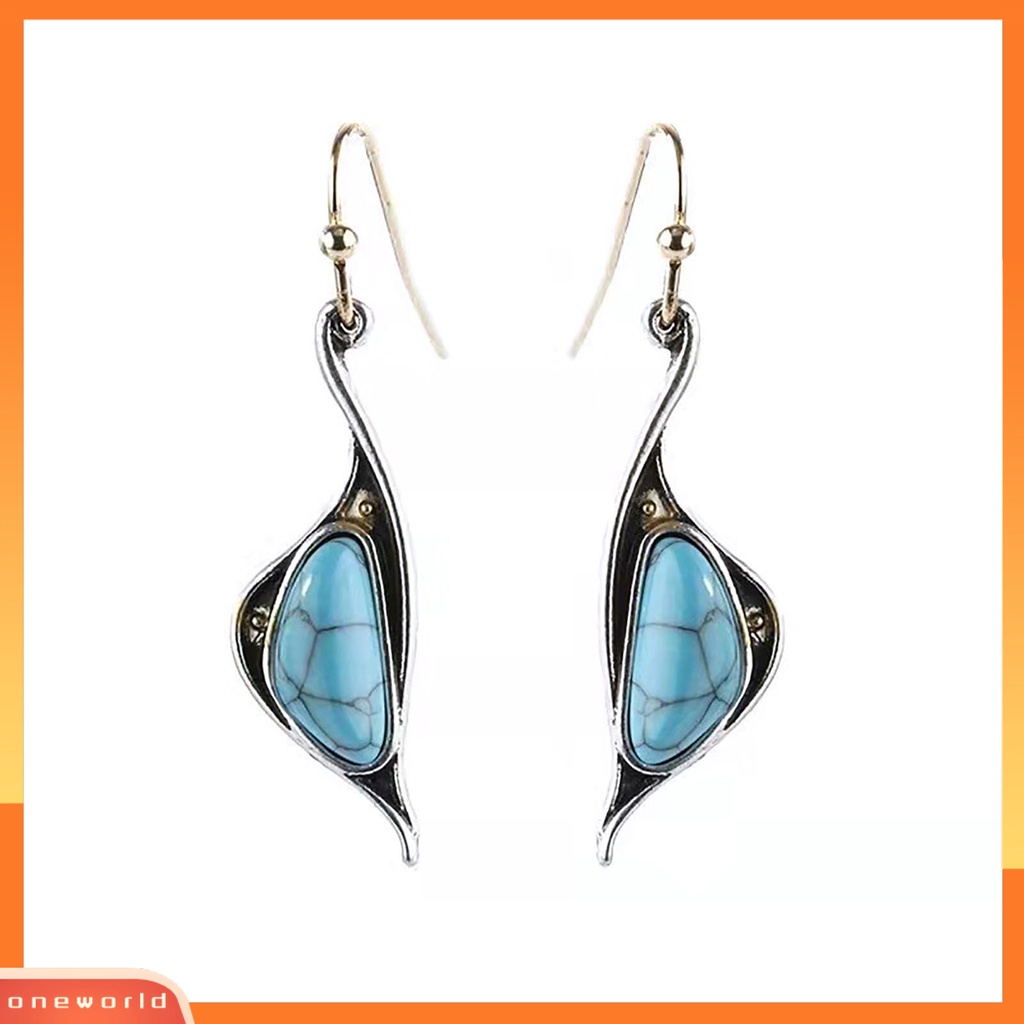 [WOD] 1pasang Tindik Compact Lady Earrings Alloy Blue Turquoise Irregular Hook Menjuntai Anting Perhiasan Aksesoris