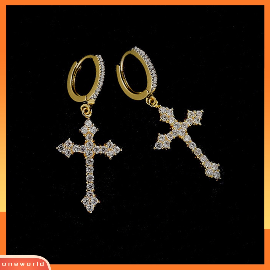 [WOD] 1pasang Wanita Menjuntai Anting Besar Lengket Berkilau Cubic Zirconia Bentuk Salib Drop Earrings Hadiah Ulang Tahun