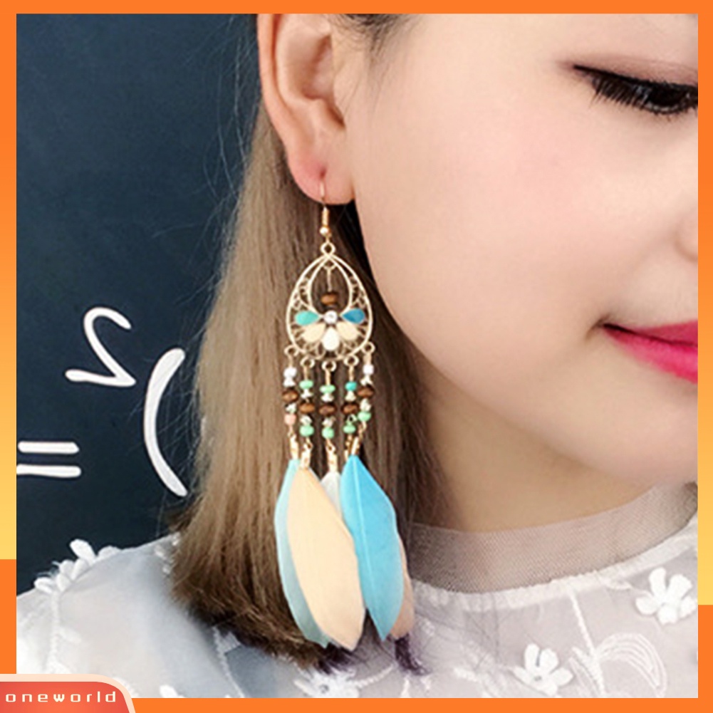 [WOD] Boho Wanita Berongga Manik-Manik Oval Warna-Warni Bulu Rumbai Drop Statement Earrings