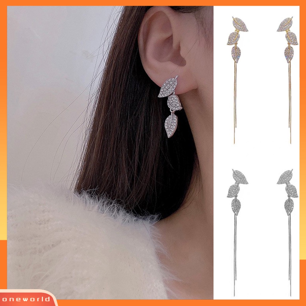 [WOD] 1pasang Anting Drop Rumbai Daun Bahan Alloy Kilau Cerah Anting Panjang Untuk Pesta Cocktail