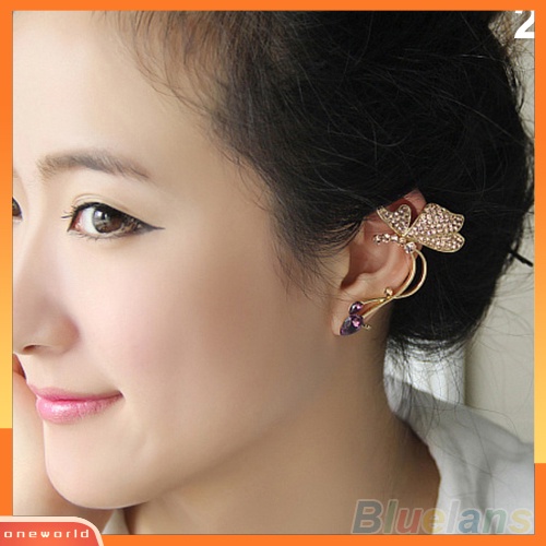 [WOD] 1pc Stud Anting Kupu-Kupu Klip Telinga Kristal Wanita Elegan Untuk Telinga Kiri