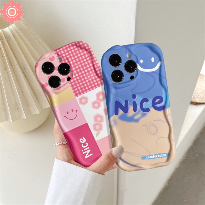 Case Pola Sambungan Bunga Kisi Smiley Lucu Kompatibel Untuk IPhone 7Plus 11xr 14 13 12 Pro Max X7 6s 6 8 Plus XS Max SE 2020lembut Tpu 3D Wavy Curved Edge Glossy Cover