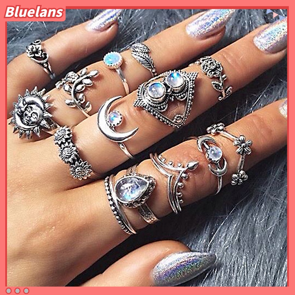 [BLS] 14pcs Vintage Bunga Matahari Bulan Jari Midi Knuckle Rings Set Wanita Pesta Perhiasan