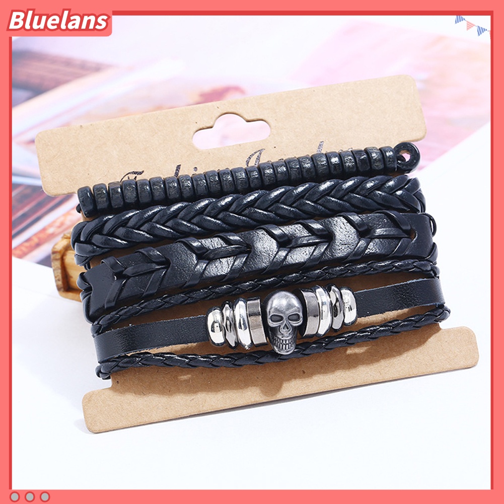 [BLS] 4pcs /Set Vintage Braided Skull Gelang DIY Pria Club Perhiasan Wristband Charm