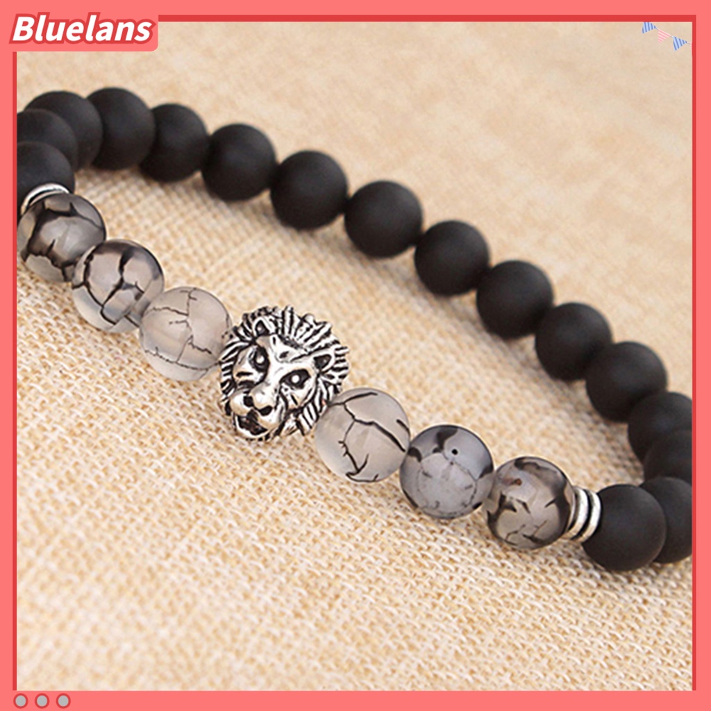 [BLS] Charm Gelang Elastis Adjustable Frosted Stone Silver Lion Beaded Cuff Bracelet Untuk Pakaian Sehari-Hari