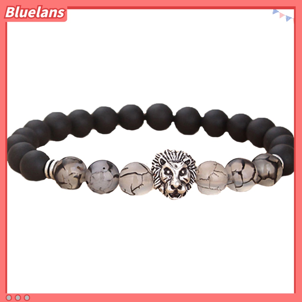 [BLS] Charm Gelang Elastis Adjustable Frosted Stone Silver Lion Beaded Cuff Bracelet Untuk Pakaian Sehari-Hari