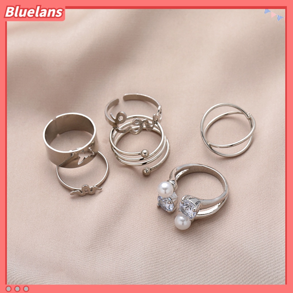 [BLS] 6pcs Cincin Jari Huruf Kupu-Kupu Mutiara Imitasi Pria Wanita Pembukaan Adjustable Ins Style Rings Fashion Jewelry