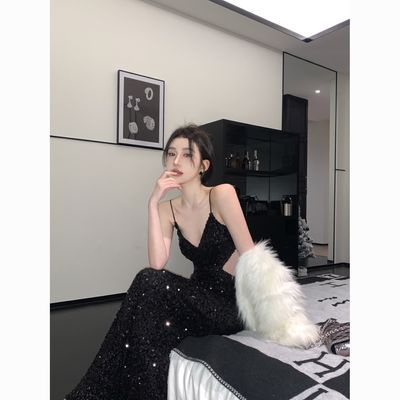 2023 Hitam Payet Tali Ikat Gaun Wanita Musim Semi Telanjang Pertemuan Tahunan Seksi Temperamen High-