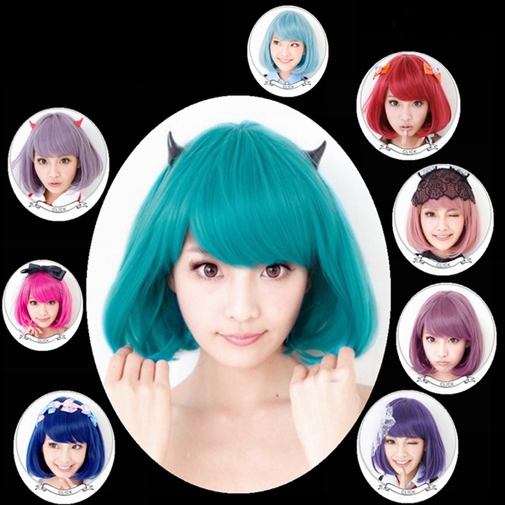 Twowood Kostum Anime Cosplay Lurus Pendek Keriting Rambut Wig Wanita Lovely Bob Sopak