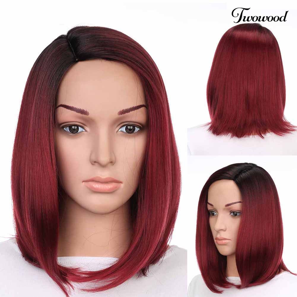 Twowood Perempuan Merah Gradien Rambut Lurus Serat Suhu Tinggi Matte Wig Sopak