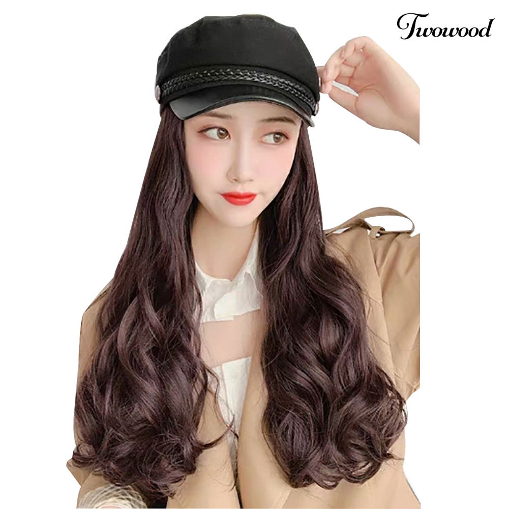 Twowood Wanita Fashion Rambut Palsu Panjang Gelombang Lurus Hairpiece Hair Extension Dengan Topi Berujung