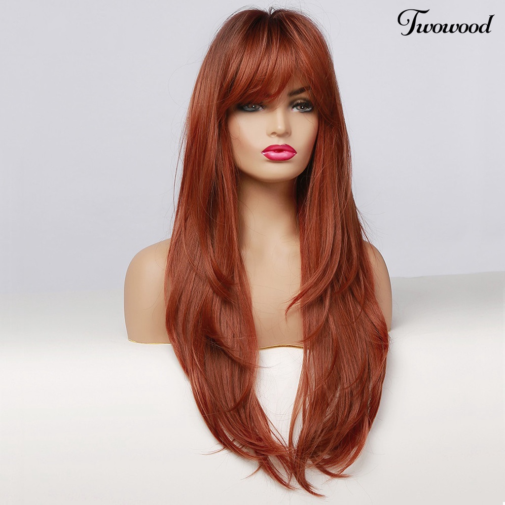 Wig Cosplay Twowood Dyed Halus Ringan Merah-Coklat Wig Poni Miring Lurus Panjang Untuk Kehidupan Sehari-Hari