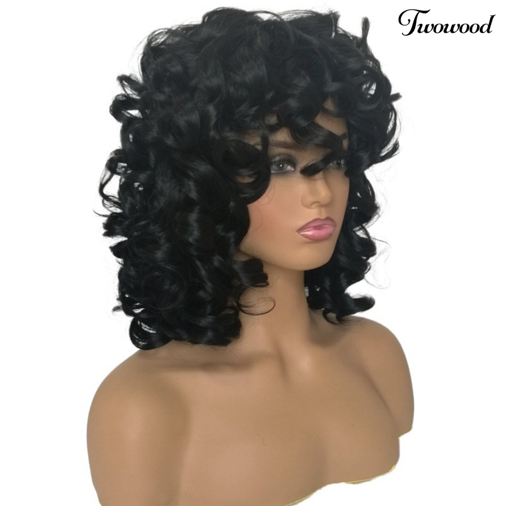 Twowood Curly Hair Wig Fashion Mudah Dipakai Berbulu Trendi Kosmetik Sehat Aksesori Suhu Tinggi Sutra Poni Panjang Keriting Wanita Wig Untuk Kehidupan Sehari-Hari