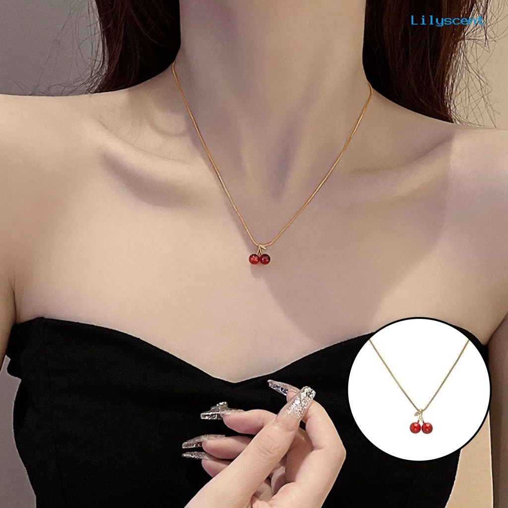 [LS]Wanita Kalung Elegan Emas Slim Rantai Dainty Ringan Hadiah Hypoallergenic Ceri Merah Liontin Kalung Fashion Perhiasan