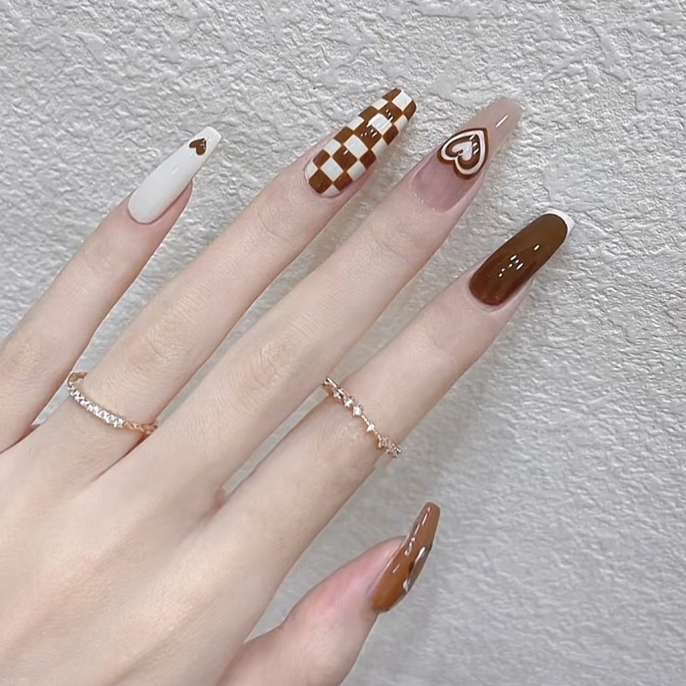 Press on Kuku Papan Catur Love Tips Kuku Palsu Manicure Fake Nails Kit Finger Wearl