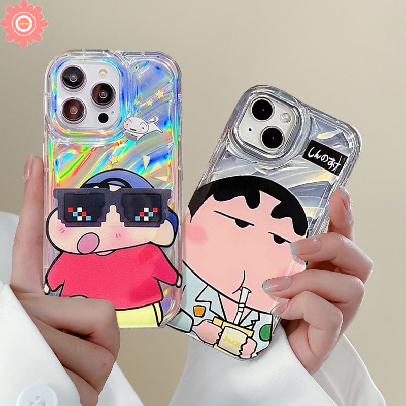 IPHONE Kacamata Hitam Keren Crayon Shin-Chan Casing Kartu Laser Mewah Kompatibel Untuk Iphone11 13 14 12 Pro MAX 7Plus XR 8 6 6S Plus X XS MAX SE 2020 Dazzle Color 3D Stereo Corrugation Soft Case