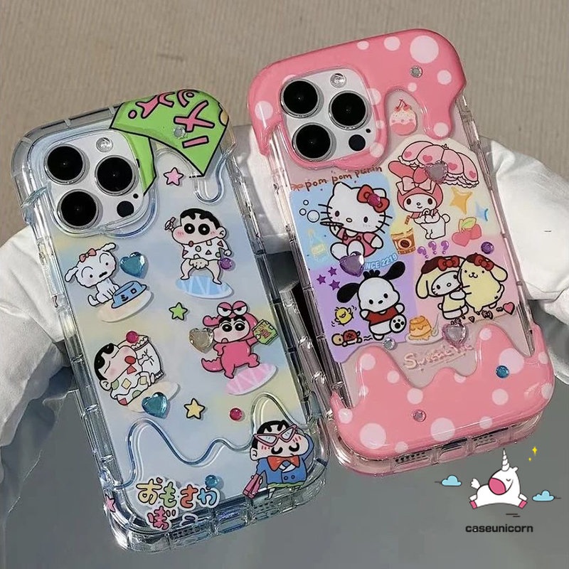 3d Color Ice Cream Cute Crayon Shin-chan Kuromi Case Kompatibel Untuk IPhone 7Plus XR 11 13 12 14 Pro Max X 7 8 Plus XS Max SE 2020 Kartun Hello Kitty Pochacco Doodle Soft TPU Cover