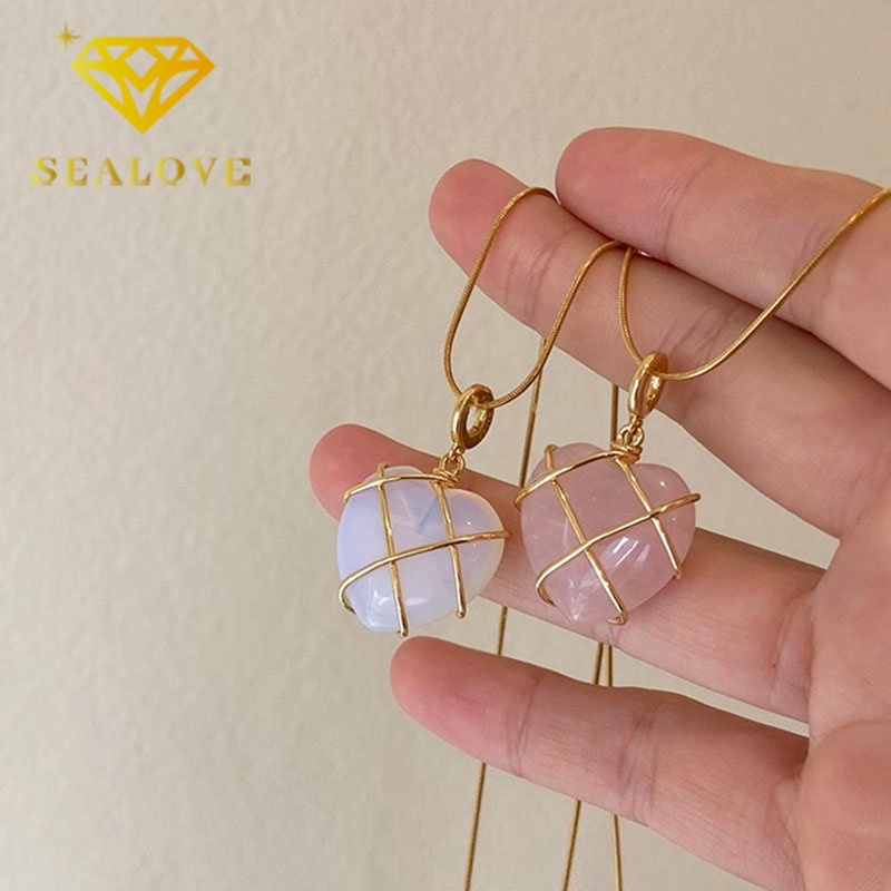 Kalung Titanium Barbie Hati Batu Permata Opal Emas 18K Anti Karat Cantik Aesthetic Korea Aksesoris Wanita Perempuan Perhiasan